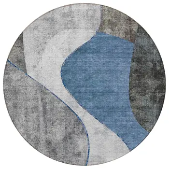 8' Denim Blue And Sky Blue Round Abstract Washable Indoor Outdoor Area Rug