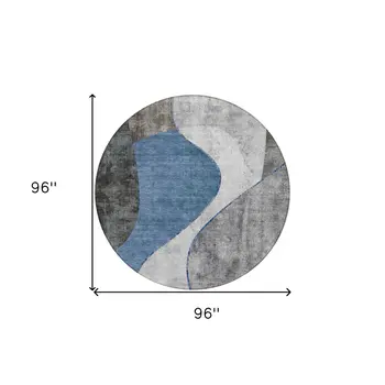 8' Denim Blue And Sky Blue Round Abstract Washable Indoor Outdoor Area Rug
