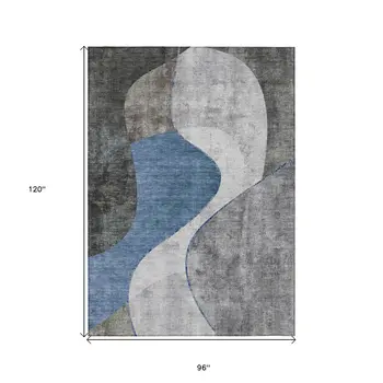 8' X 10' Denim Blue And Sky Blue Abstract Washable Indoor Outdoor Area Rug