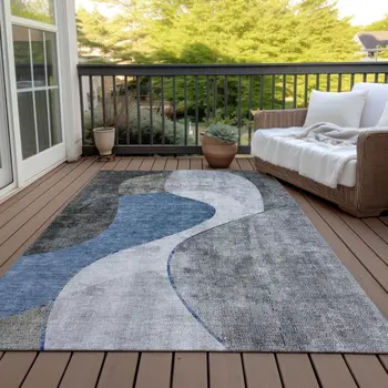 8' X 10' Denim Blue And Sky Blue Abstract Washable Indoor Outdoor Area Rug