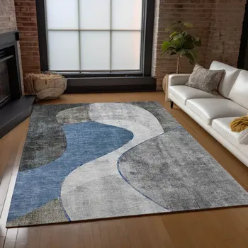 8' X 10' Denim Blue And Sky Blue Abstract Washable Indoor Outdoor Area Rug