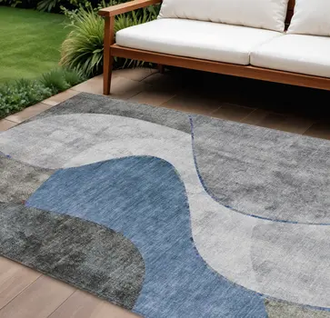 10' X 14' Denim Blue And Sky Blue Abstract Washable Indoor Outdoor Area Rug