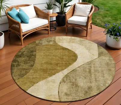 8' Brown Beige And Ivory Round Abstract Washable Indoor Outdoor Area Rug