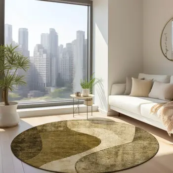 8' Brown Beige And Ivory Round Abstract Washable Indoor Outdoor Area Rug