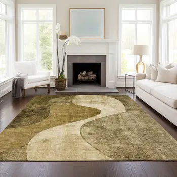 9' X 12' Brown Beige And Ivory Abstract Washable Indoor Outdoor Area Rug