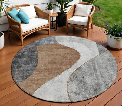8' Gray Charcoal And Brown Round Abstract Washable Indoor Outdoor Area Rug