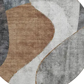 8' Gray Charcoal And Brown Round Abstract Washable Indoor Outdoor Area Rug