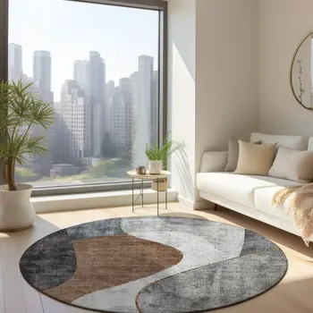 8' Gray Charcoal And Brown Round Abstract Washable Indoor Outdoor Area Rug