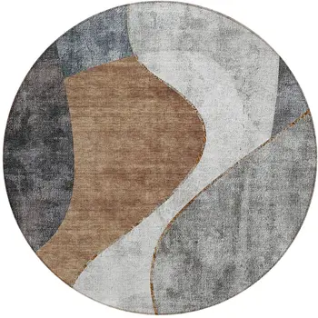 8' Gray Charcoal And Brown Round Abstract Washable Indoor Outdoor Area Rug