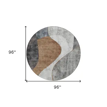 8' Gray Charcoal And Brown Round Abstract Washable Indoor Outdoor Area Rug