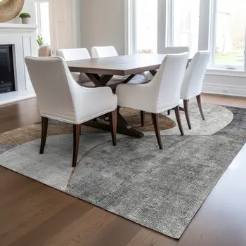 9' X 12' Gray Charcoal And Brown Abstract Washable Indoor Outdoor Area Rug