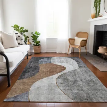 10' X 14' Gray Charcoal And Brown Abstract Washable Indoor Outdoor Area Rug