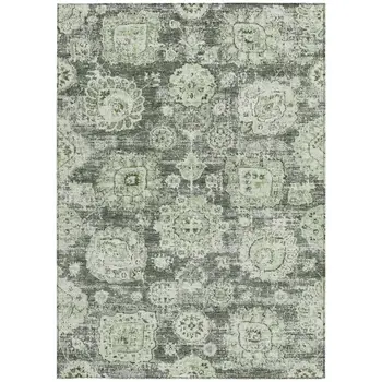 5' X 8' Artichoke Green And Olive Green Floral Washable Indoor Outdoor Area Rug