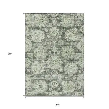 5' X 8' Artichoke Green And Olive Green Floral Washable Indoor Outdoor Area Rug
