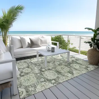 5' X 8' Artichoke Green And Olive Green Floral Washable Indoor Outdoor Area Rug