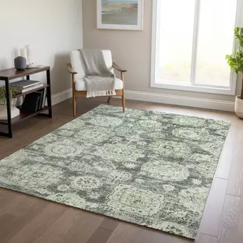 5' X 8' Artichoke Green And Olive Green Floral Washable Indoor Outdoor Area Rug
