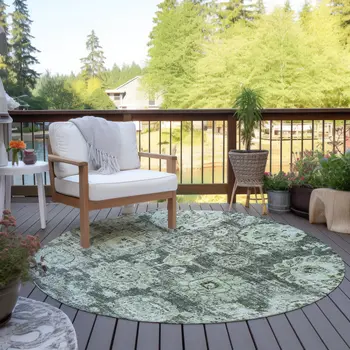 8' Artichoke Green And Olive Green Round Floral Washable Indoor Outdoor Area Rug