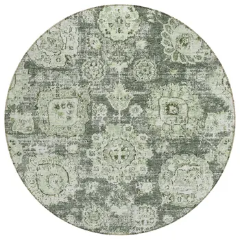 8' Artichoke Green And Olive Green Round Floral Washable Indoor Outdoor Area Rug