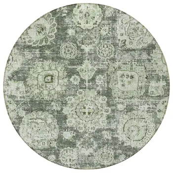 8' Artichoke Green And Olive Green Round Floral Washable Indoor Outdoor Area Rug