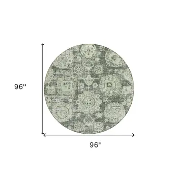 8' Artichoke Green And Olive Green Round Floral Washable Indoor Outdoor Area Rug