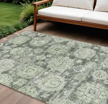 8' X 10' Artichoke Green And Olive Green Floral Washable Indoor Outdoor Area Rug