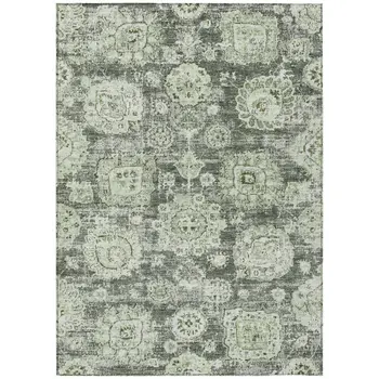 8' X 10' Artichoke Green And Olive Green Floral Washable Indoor Outdoor Area Rug