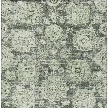 9' X 12' Artichoke Green And Olive Green Floral Washable Indoor Outdoor Area Rug