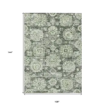 9' X 12' Artichoke Green And Olive Green Floral Washable Indoor Outdoor Area Rug