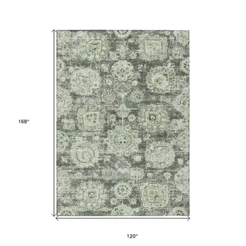10' X 14' Artichoke Green And Olive Green Floral Washable Indoor Outdoor Area Rug