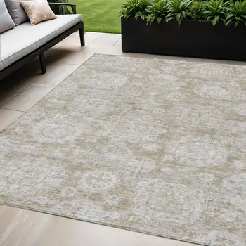 5' X 8' Beige Tan And Gray Floral Washable Indoor Outdoor Area Rug