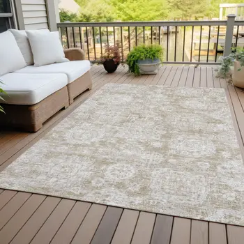 5' X 8' Beige Tan And Gray Floral Washable Indoor Outdoor Area Rug