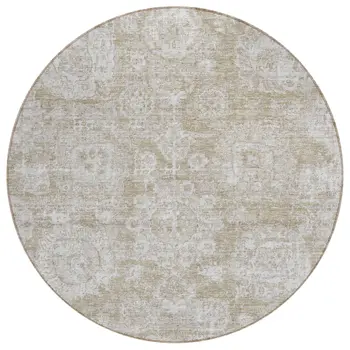 8' Beige Tan And Gray Round Floral Washable Indoor Outdoor Area Rug
