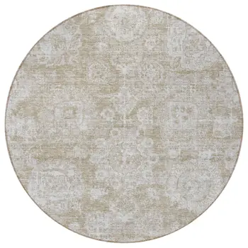 8' Beige Tan And Gray Round Floral Washable Indoor Outdoor Area Rug