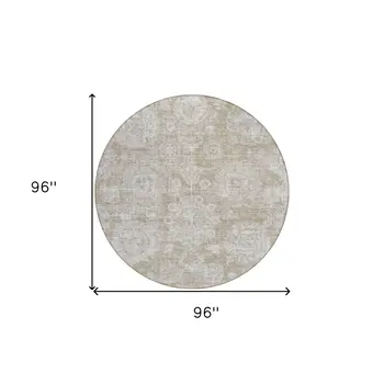 8' Beige Tan And Gray Round Floral Washable Indoor Outdoor Area Rug