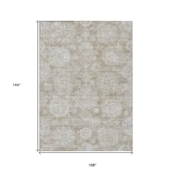 9' X 12' Beige Tan And Gray Floral Washable Indoor Outdoor Area Rug