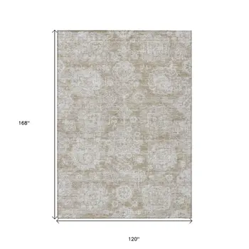 10' X 14' Beige Tan And Gray Floral Washable Indoor Outdoor Area Rug
