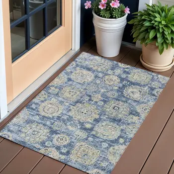 3' X 5' Navy Blue And Beige Floral Washable Indoor Outdoor Area Rug