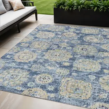 5' X 8' Navy Blue And Beige Floral Washable Indoor Outdoor Area Rug
