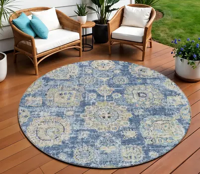 8' Navy Blue And Beige Round Floral Washable Indoor Outdoor Area Rug
