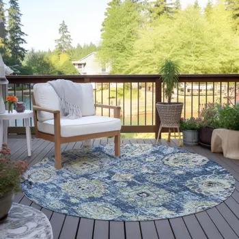 8' Navy Blue And Beige Round Floral Washable Indoor Outdoor Area Rug