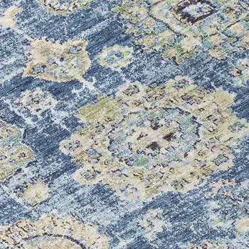 8' Navy Blue And Beige Round Floral Washable Indoor Outdoor Area Rug