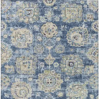 8' X 10' Navy Blue And Beige Floral Washable Indoor Outdoor Area Rug