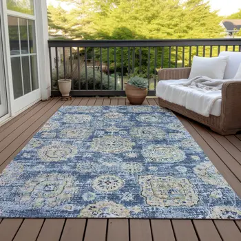 8' X 10' Navy Blue And Beige Floral Washable Indoor Outdoor Area Rug