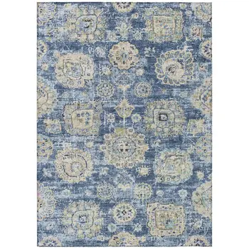 8' X 10' Navy Blue And Beige Floral Washable Indoor Outdoor Area Rug