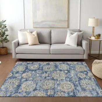 8' X 10' Navy Blue And Beige Floral Washable Indoor Outdoor Area Rug