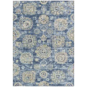 9' X 12' Navy Blue And Beige Floral Washable Indoor Outdoor Area Rug