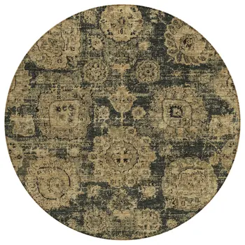 8' Charcoal Gold And Tan Round Floral Washable Indoor Outdoor Area Rug