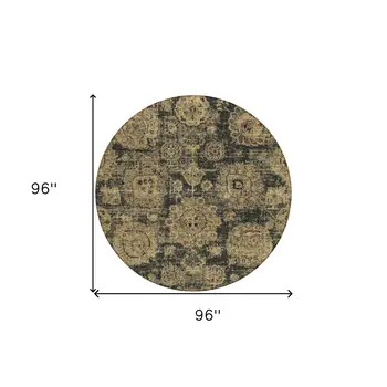 8' Charcoal Gold And Tan Round Floral Washable Indoor Outdoor Area Rug