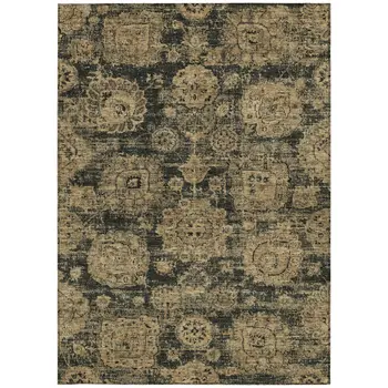 8' X 10' Charcoal Gold And Tan Floral Washable Indoor Outdoor Area Rug