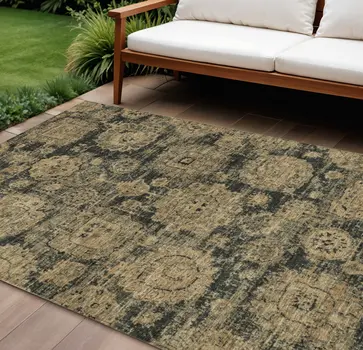 9' X 12' Charcoal Gold And Tan Floral Washable Indoor Outdoor Area Rug